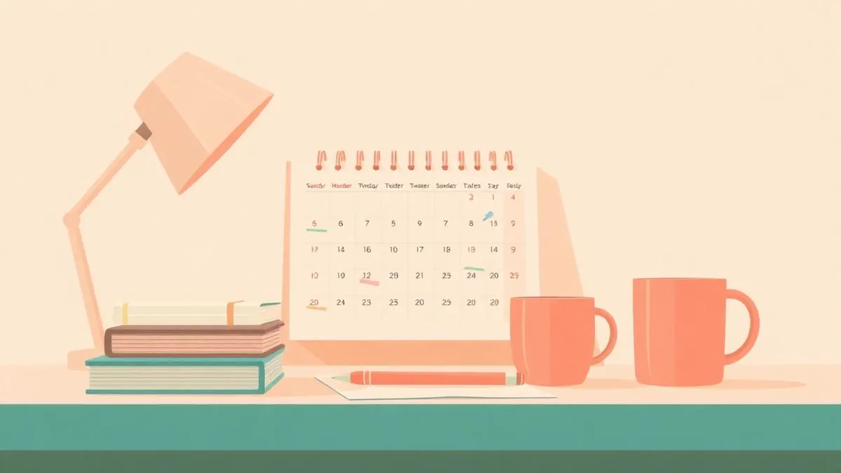 Open desk calendar, exam preparation books, pencil and a mug arranged on a study desk — a warm illustrated timeline for 11+ preparation.