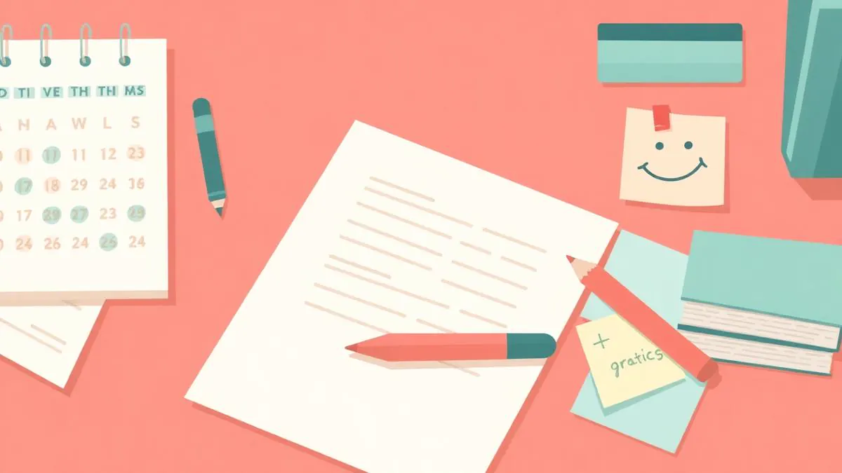 A study desk from above with a practice paper, a coloured pencil and a smiley sticky note — friendly, low-pressure 11+ preparation.