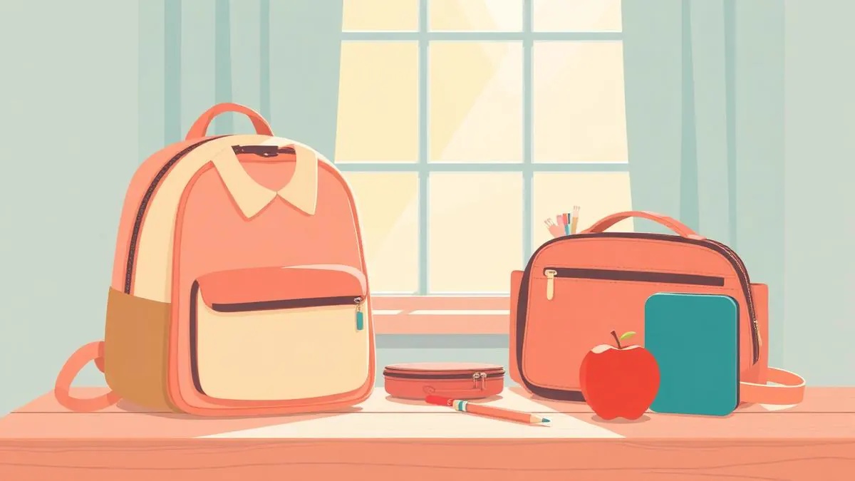 A packed school backpack, folded jumper, pencil case, apple and lunchbox on a table by a sunny window — a calm back-to-school morning.