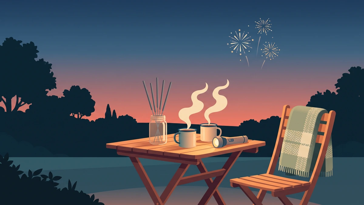 Unlit sparklers in a jar, two steaming mugs and a folded blanket on a garden table at dusk, with distant fireworks in the sky.