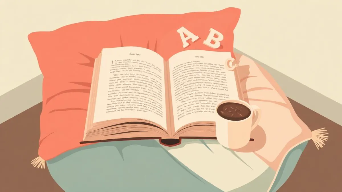 An open storybook on a cosy reading cushion with the letters A, B, C floating beside it and a mug of hot chocolate — a warm invitation to reading.