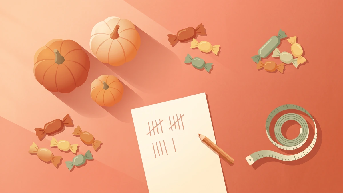 Small pumpkins and wrapped sweets sorted into groups on a table, beside a paper sheet with tally marks and a tape measure.