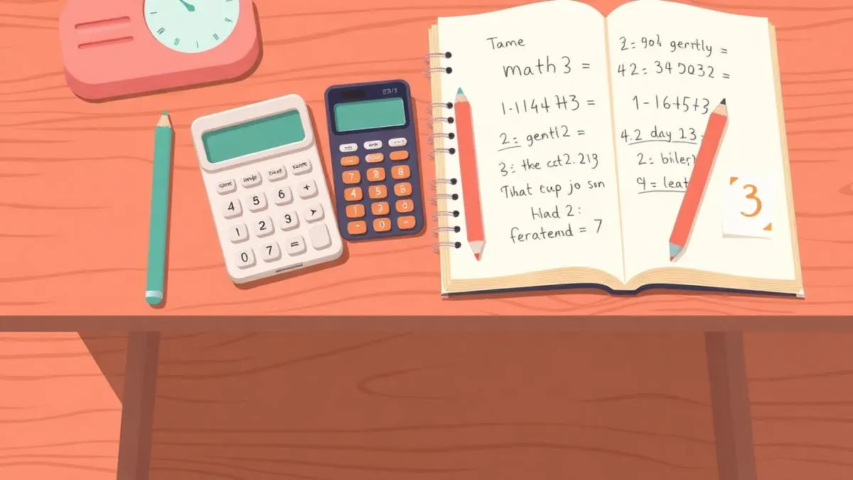 A tidy wooden desk with a calculator, an open maths exercise book with gentle handwritten sums and a couple of coloured pencils — reassuring, not stressful.
