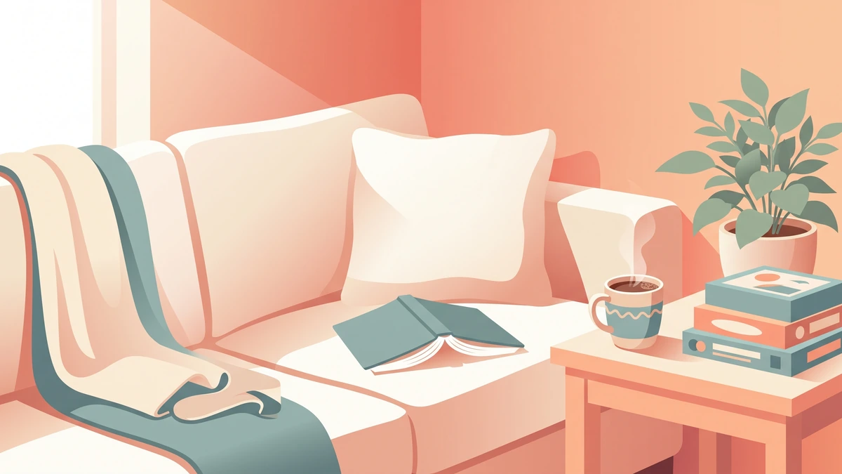 A folded blanket, an open paperback left face down, a mug of hot chocolate and a stack of board games on a sofa.