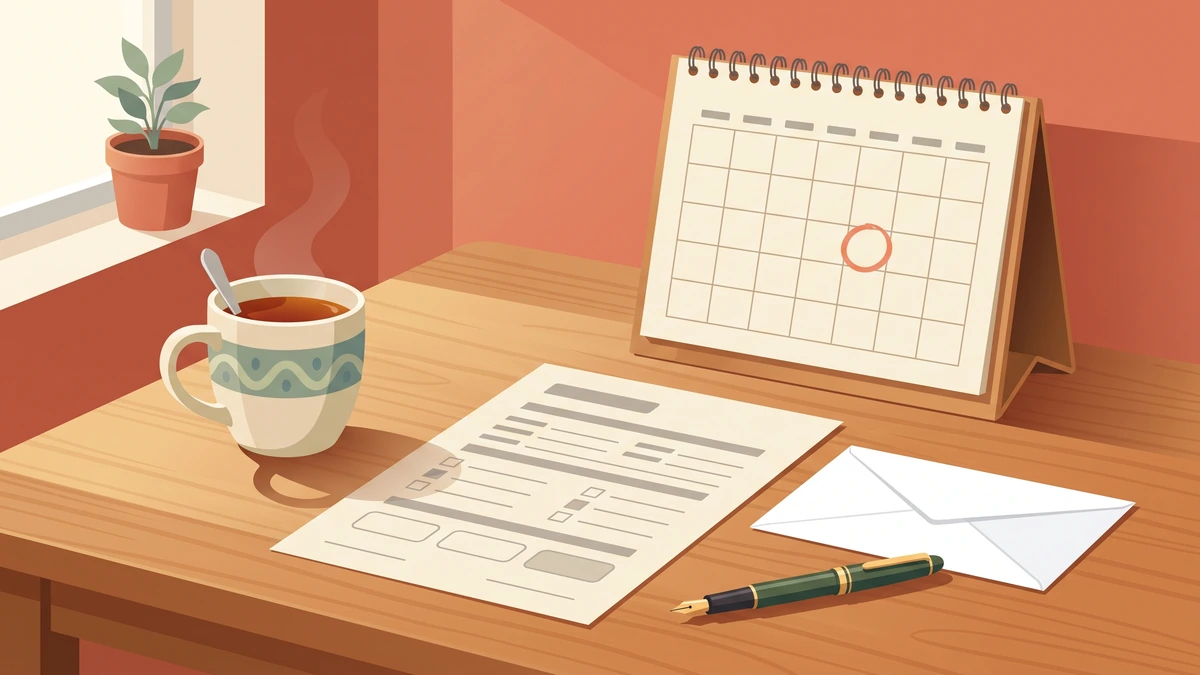 A secondary school application form, envelope, fountain pen and a wall calendar with one date circled, on a kitchen table.