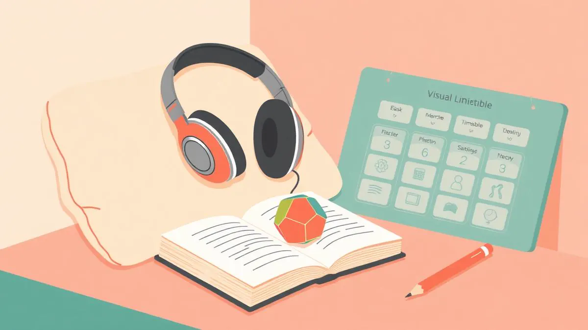 A sensory-friendly learning corner with noise-cancelling headphones resting on a book, a fidget cube and a visual timetable card — inclusive and welcoming.