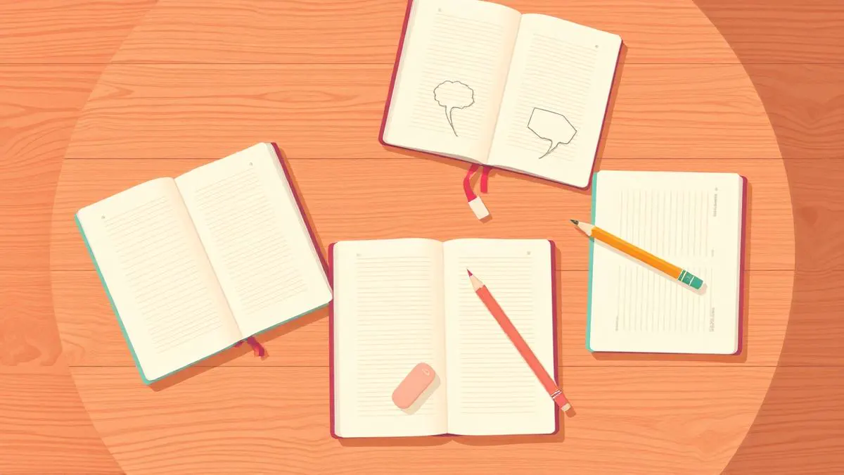 Three open exercise books arranged around a round wooden table with pencils and small speech-bubble doodles — a small group learning together.