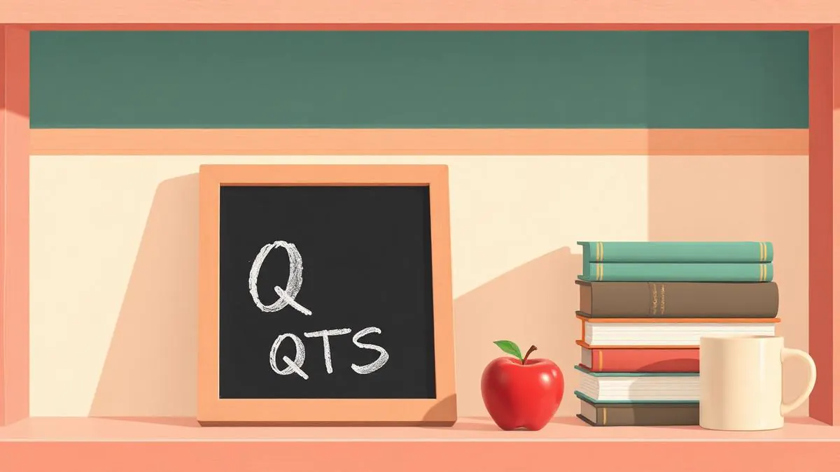 A small chalkboard with the letters QTS chalked on it, next to a stack of teaching books, a red apple and a mug on a classroom shelf.