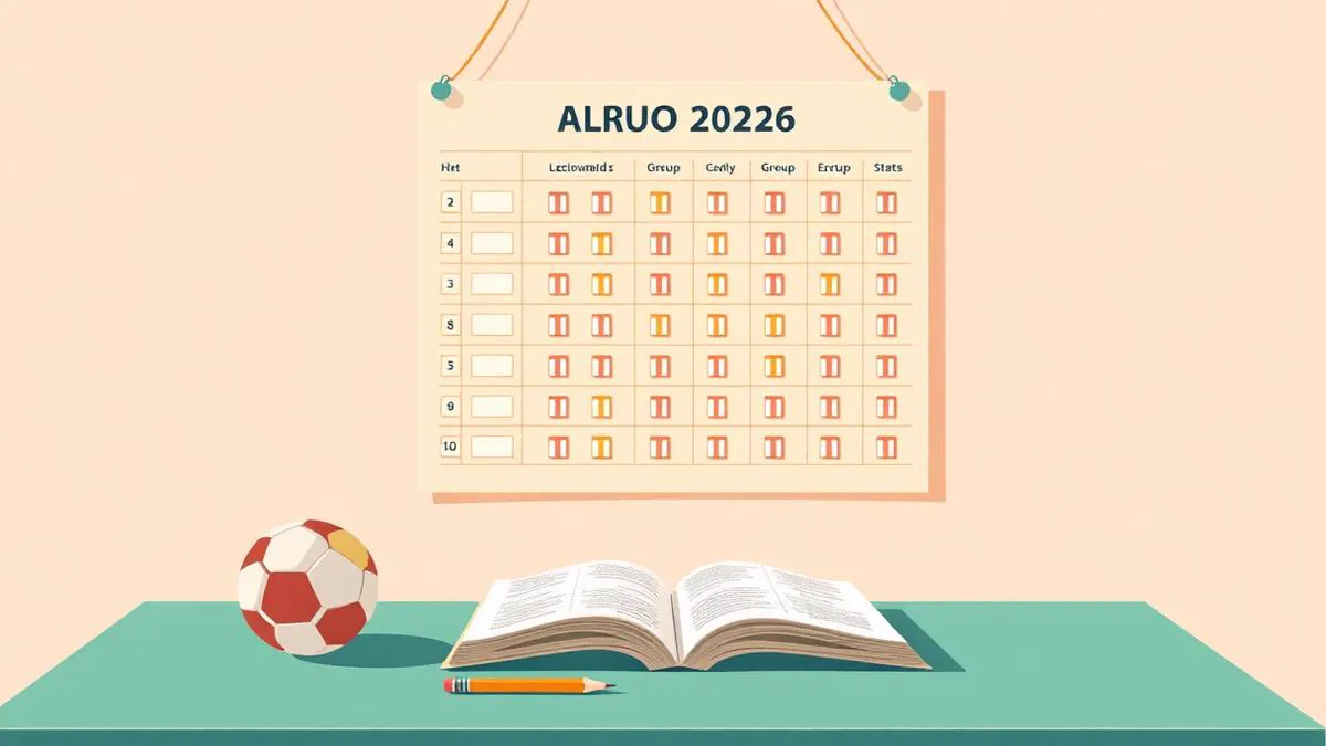 A World Cup 2026 style wallchart pinned above a table with an open exercise book, a pencil and a small football — a football-and-learning crossover.